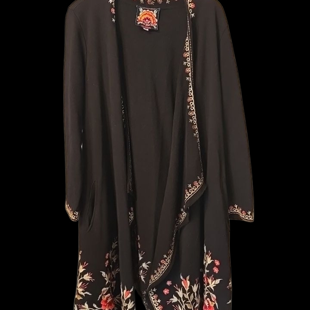 JOHNNY WAS LOS ANGELES Floral Embroidered Black MID LENGTH JACKET/SWEATER.